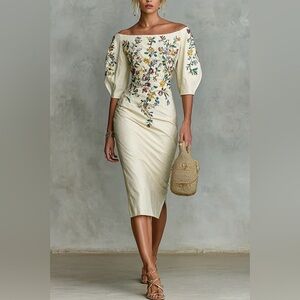 Modesees Embroidered Off Shoulder Midi Dress Ivory Floral XL NWT ✨